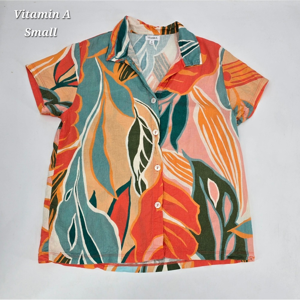 Vitamin A Tropical Floral Linen Blend Button Down Shirt Small Resort Beach